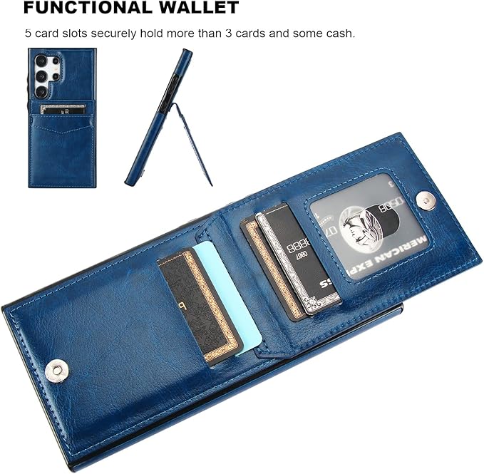 KIHUWEY for Samsung Galaxy S24 Ultra Case Wallet with Credit Card Holder, Flip Premium Leather Magnetic Clasp Kickstand Heavy Duty Protective Cover for Samsung Galaxy S24 Ultra 6.8" (Blue)