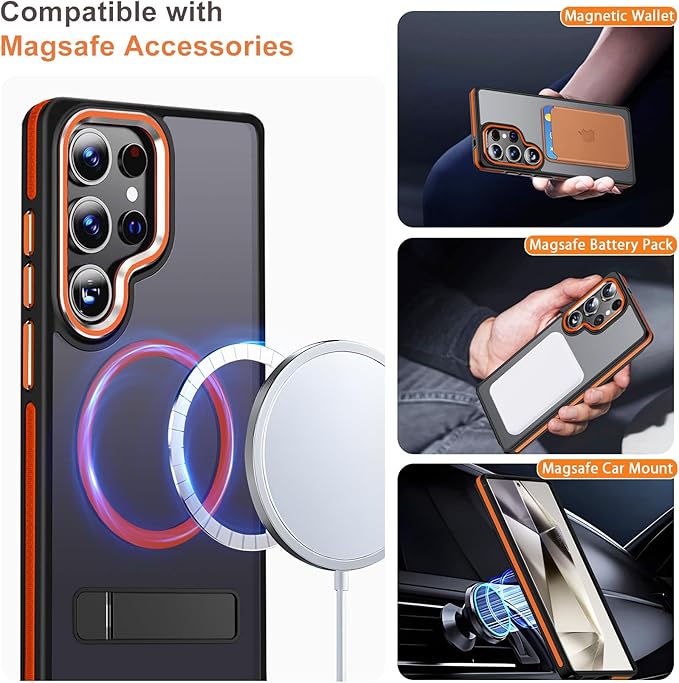 Stand Case for Samsung Galaxy S25 Ultra with 3 Way Adjustable, Shockproof Translucent Phone Case Fits for Magsafe, Hybrid Color Anti-Slip Matte Cover for Galaxy S25 Ultra (Black/Orange)