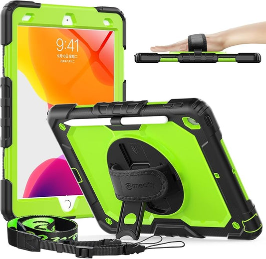 Timecity Case for iPad 9th/ 8th/ 7th Generation 10.2 inch - Heavy Duty Protective Cover with Screen Protector, Rotating Stand, Shoulder Strap & Pencil Holder | Kids-Friendly (Green)
