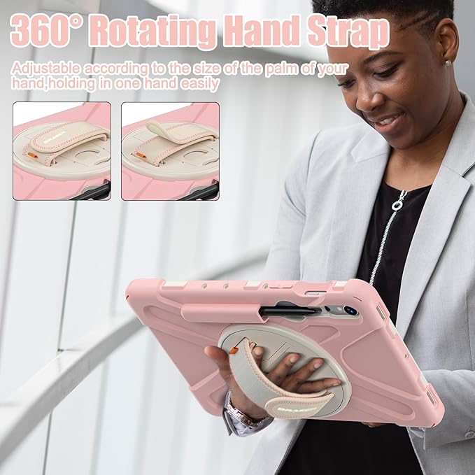 BRAECNstock for Samsung Galaxy Tab S10 Lite/ S10 FE/ S9 FE/ S9/ S8/ S7 5G Case 10.9"/11", Shockproof Protective Kids Case with Pen Holder, Rotating Hand Strap & Stand, Shoulder Strap, Sakura Pink