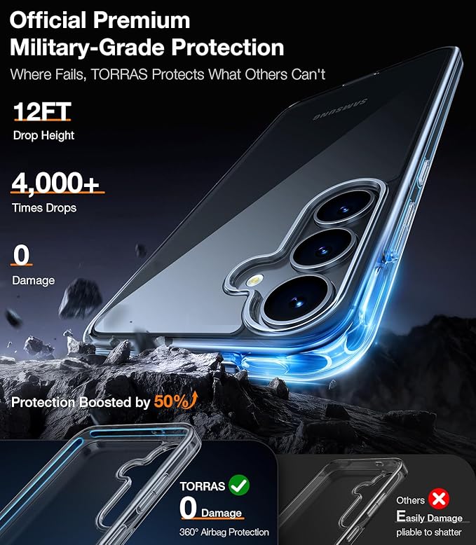 TORRAS Guardian Shockproof for Samsung Galaxy S25 Plus Case, [Non-Yellowing] [12FT Military-Grade Protection] Transparent Slim Case for Samsung S25 Plus Case, Diamond Clear, Hard, 6.7''