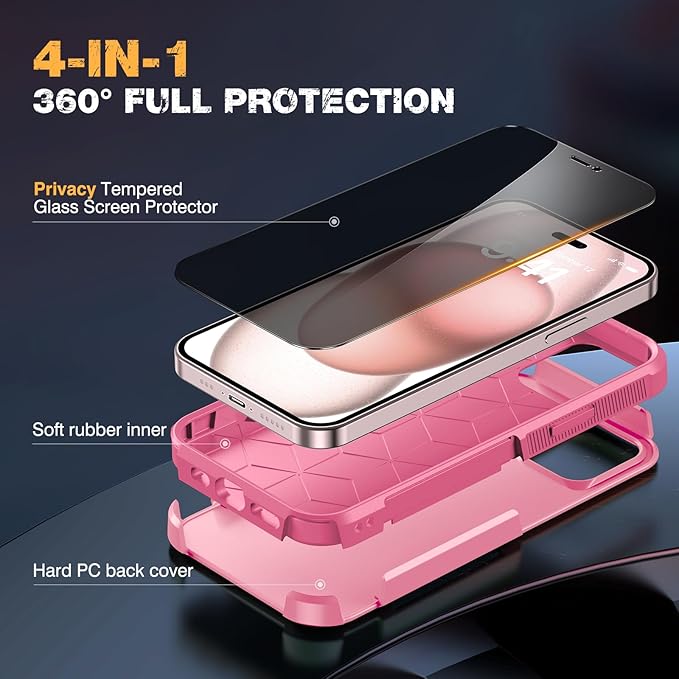 Diaclara Designed for iPhone15 Case, [with Privacy Screen Protector] [Anti Spy] [Military Grade Drop Protection] Heavy Duty Full-Body Shockproof Phone Case, Pink