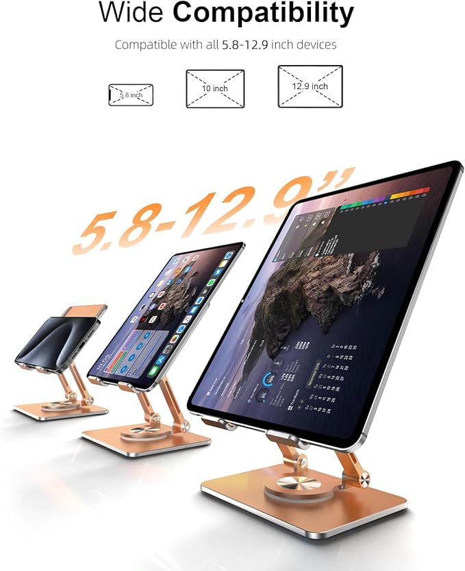 Tablet Stand Holder with Thickened 360°Rotating Base Dual Rod Adjustable Aluminum Stand for All 5.8-12.9” iPad Samsung Phone Tablet Kindle E-Reader and More, Rose