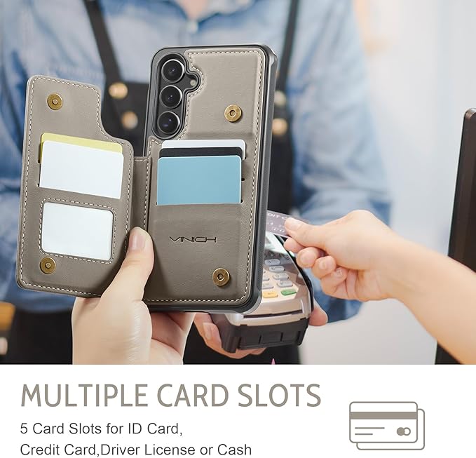 Vinich for Samsung Galaxy S24 FE Wallet Case with Card Holder, RFID Blocking Credit Slots Kickstand Shockproof Phone Cover for Women Men, Gray