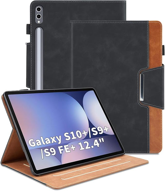 Case for Samsung Galaxy Tab S10 Plus/S9 FE Plus/S9 Plus 12.4 Inch - Multi-Angle Viewing Stand Cover with Pocket, PU Leather Folio Case with Magnetic Clasp, Auto Wake/Sleep Smart Tablet Cover, Black