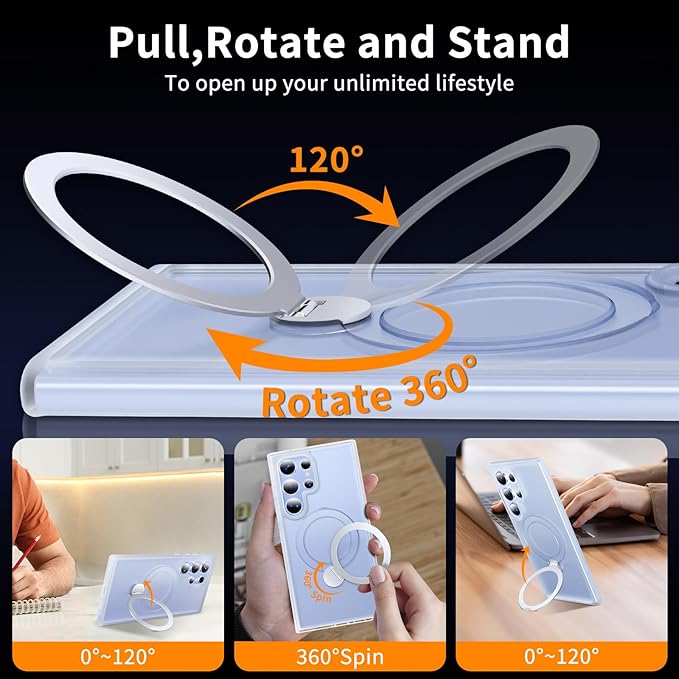for Samsung Galaxy S24 Ultra Case,Compatible with Magsafe [Wireless Charging],with 360°Rotatable Magnetic Ring Stand,Matte Translucent Slim Soft Edge Phone Kickstand,Frosted White