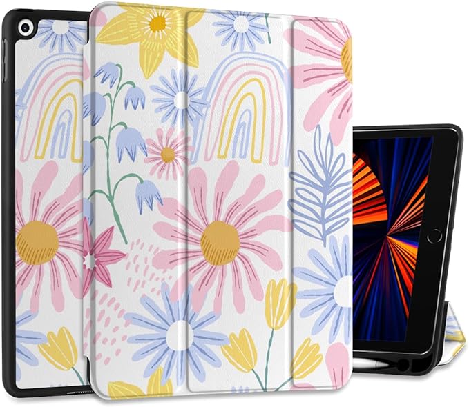DONGKE Case Compatible with iPad 10.2 Inch 2021 2020 2019 iPad 9th/8th/7th Generation with Pencil Holder, Slim Stand Protective Case with Soft TPU Back, Auto Sleep/Wake Cover, Colorful Florals