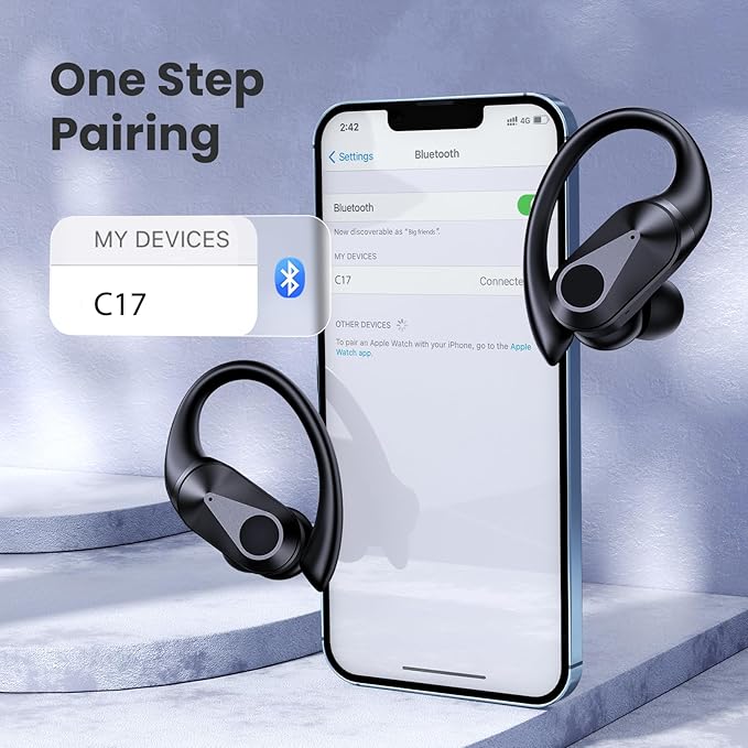 Active Noise Cancelling Ear Buds Bluetooth Headphones Wireless Earbuds with 90H Playtime LED Display Wireless Charging Case, IPX7 Waterproof Over Ear Earhooks Earphones for Sport Running Gym