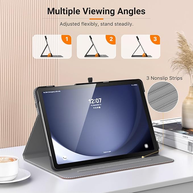 MoKo Case for Samsung Galaxy Tab A9 Plus 11" 2023 (SM-X210/SM-X216/SM-X218), PU Leather Multi-Angle Viewing Folding Stand Cover Case with Hand Strap, Front Pocket, Auto Wake/Sleep, Denim Grey & Brown