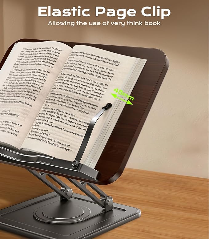 Book Stand for Reading, Adjustable Book Holder with 360°Rotating Bases, Ergonomic Cookbook Stand Recipe Book Holder with Elastic Page Clips for Magazines, Tablets, Laptops