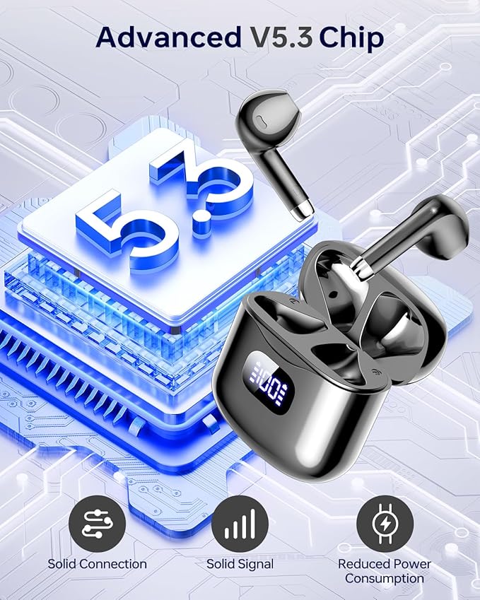 Wireless Earbuds Bluetooth 5.3 Ear Buds, Bluetooth Headphones with LED Display Charging Case, 40Hrs Playtime Stereo Sound, IPX7 Waterproof in-Ear Earphones with Mic for Phone Tablet Sports, Charcoal