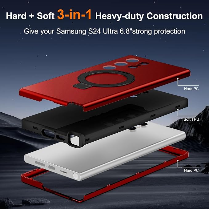 Designed for Samsung Galaxy S24 Ultra Case with Magnetic Ring Stand [Compatible with Mag-Safe][Military Grade Drop Protection][Build in Kickstand] S24 Ultra Phone Case 6.8",Red