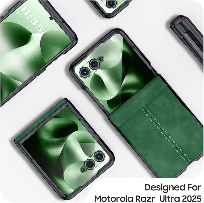 for Motorola Razr Ultra 2025 Case Built-in Screen Protector & Hinge Protection & Ultra Thin PU Leather Matte PC Shockproof Phone Cover Smartphone Case for Moto Razr Ultra 2025 (Green)