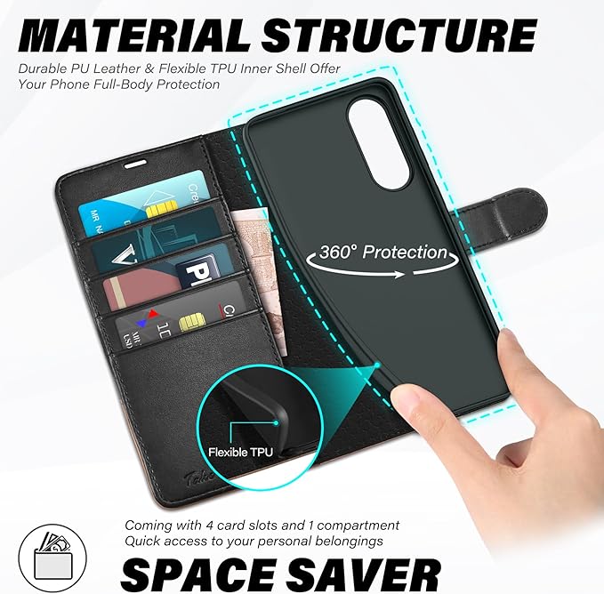 TUCCH Wallet Case for Galaxy S25 Edge 5G, Magnetic PU Leather Stand RFID Blocking [4 Card Slots] Folio Protective Cover with TPU Shockproof Inner Shell Compatible with Galaxy S25 Edge, Black & Brown