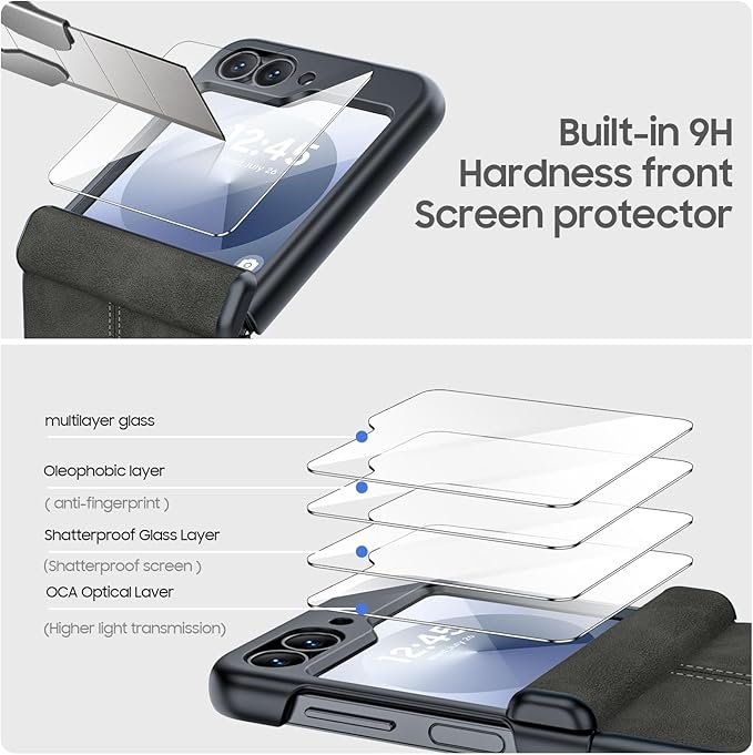 for Samsung Galaxy Z Flip 6 Case/Z Flip 7 FE Case with Hinge Protection & Built-in Screen Protector, Ultra Thin Leather Shockproof Cover Phone Case for Galaxy Z Flip 6/Z Flip 7 FE-Black Gary