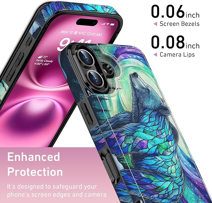 FUNMIKO for iPhone 16 Wallet Case with Card Holder, RFID-Blocking, Military-Grade Protection & UV-Printed Artwork, Magnetic Closure with Leather Kickstand - Prismatic Aurora Bear