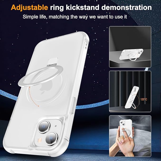 Magnetic Compatible with iPhone 14 Plus Case with Stand [Military Grade Drop Tested][Compatible with Magnet] Ring Translucent Slim Hard Back Soft Edge, Frost White