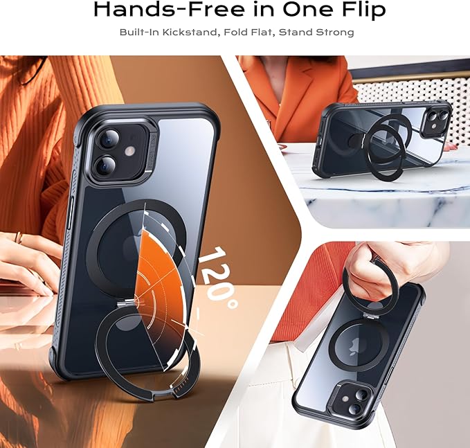 Anqrp O-Ring Magnetic Kickstand Clear Case for iPhone 12/12 Pro, Compatible with Mag-Safe, Military-Grade Reinforced 4-Corners Anti-Yellowing Transparent Phone Case Cover for iPhone 12/12 Pro, Black