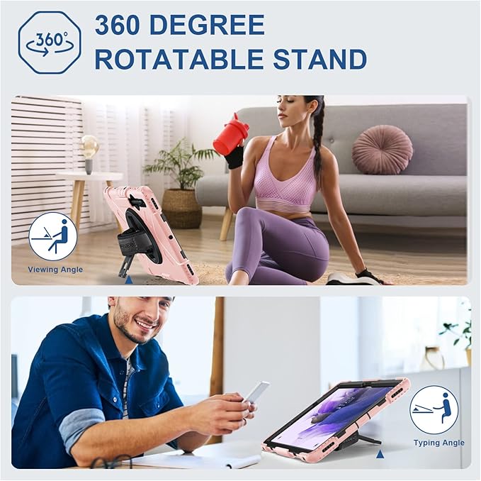 SUPFIVES Case for Samsung Galaxy Tab S7 FE 12.4 Inch 2021 : [Upgraded Military Grade] Full-Body Rugged Protective Soft Silicone Cover - Kick Stand- Handle/Shoulder Strap- S Pen Holder- Pink