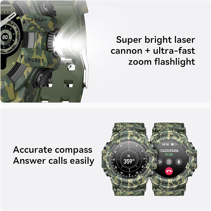 MIDDOW Military Smart Watch with Flashlight (Answer/Make Call) Compass, Heart Rate/Sleep/Sports Tracker, IP68 Waterproof, Long Battery Life, HD Screen, Android & iOS (Camo Green)