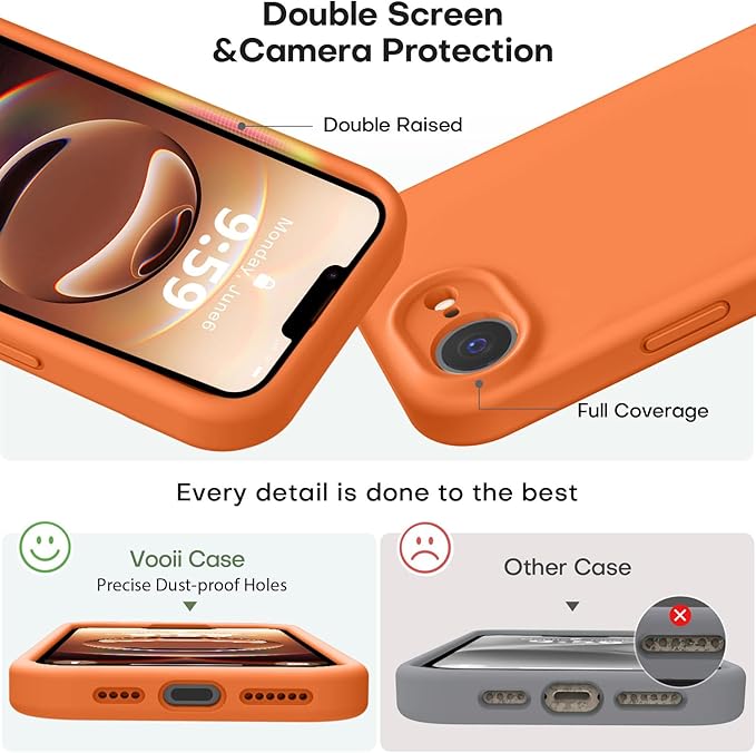 Vooii Compatible with iPhone 16e Case, Liquid Silicone Upgrade [Camera Protection] [Soft Anti-Scratch Microfiber Lining] Shockproof Phone Case for iPhone 16e 6.1 inch - Bright Orange
