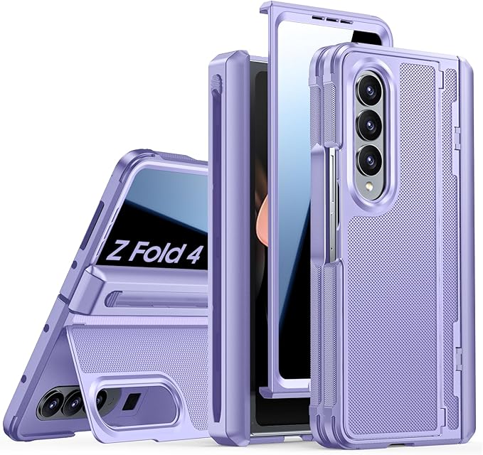 for Galaxy Z Fold 4 Case, S Pen Holder & Privacy Screen Protector & Kickstand & Hinge Protection, Slim Rugged Military-Grade Shockproof Protective Phone Case for Samsung Fold 4 (Purple)
