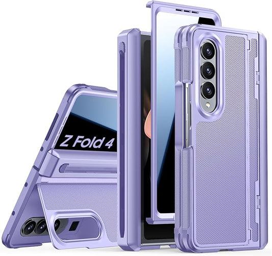 for Galaxy Z Fold 4 Case, S Pen Holder & Privacy Screen Protector & Kickstand & Hinge Protection, Slim Rugged Military-Grade Shockproof Protective Phone Case for Samsung Fold 4 (Purple)
