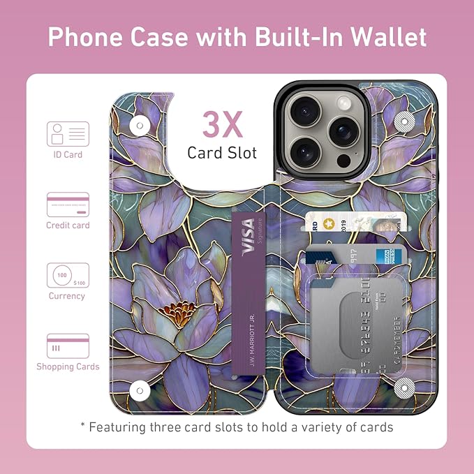 FUNMIKO for iPhone 13 Pro Wallet Case with Card Holder, RFID-Blocking, Military-Grade Protection & UV-Printed Artwork, Magnetic Closure with Leather Kickstand - Dreamy Lotus