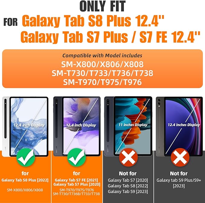 SEYMAC stock Case for Samsung Galaxy Tab S7 FE / S8 Plus 5G Case 12.4'' with Screen Protector Pencil Holder [360 Rotating Hand Strap] &Stand, Drop-Proof, Blue/Black