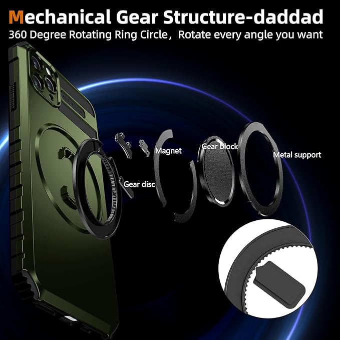 for iPhone 15 Pro Max Case Magnetic Compatible with Wireless Charging,15 ProMax Case with 2 Screen Protectors,Built-in Kickstand Ring Military Grade Drop Shockproof Heavy Duty Protection Green