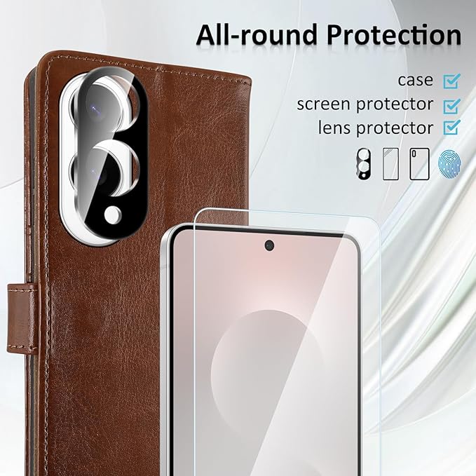 MONASAY Wallet Case Fit for Samsung Galaxy S25 Edge 5G，[Lens & Glass Screen Protector] [RFID Blocking] Flip Folio Leather Cell Phone Cover with Credit Card Holder, 6.7 inch, Brown