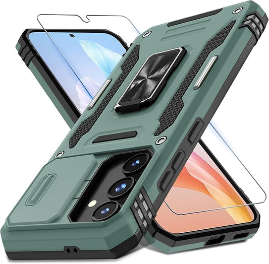 DEERLAMN Case for Samsung Galaxy S24 FE 6.7-Inch with Slide Camera Cover+Screen Protector(1 Pack), Rotated Ring Kickstand Military Grade Shockproof Protective Cover-Green