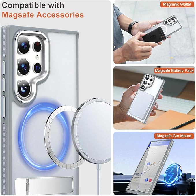 Magnetic Case for Samsung Galaxy S24 Ultra with Stand, Compatible with MagSafe, Anti-Slip Cover with Military-Grade Protection, Slim Phone Case for Galaxy S24 Ultra (Grey/White)