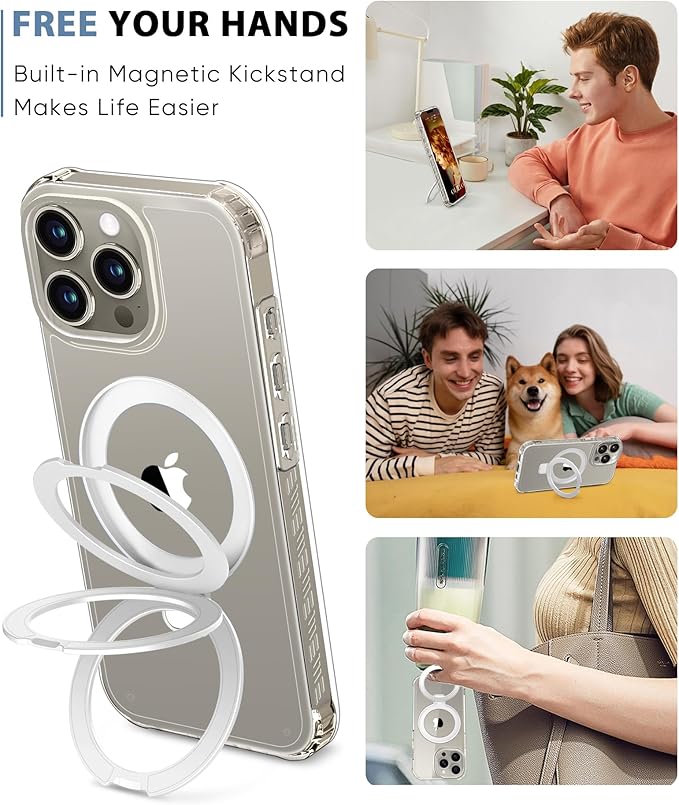 Compatible with iPhone 15 Pro Max Case, Built-in Screen Protector & Seamless Stand, with Camera Lens Protector, Strong Magnetic Clear Phone Case, Full Body Protective Cover for 6.7" (Clear)