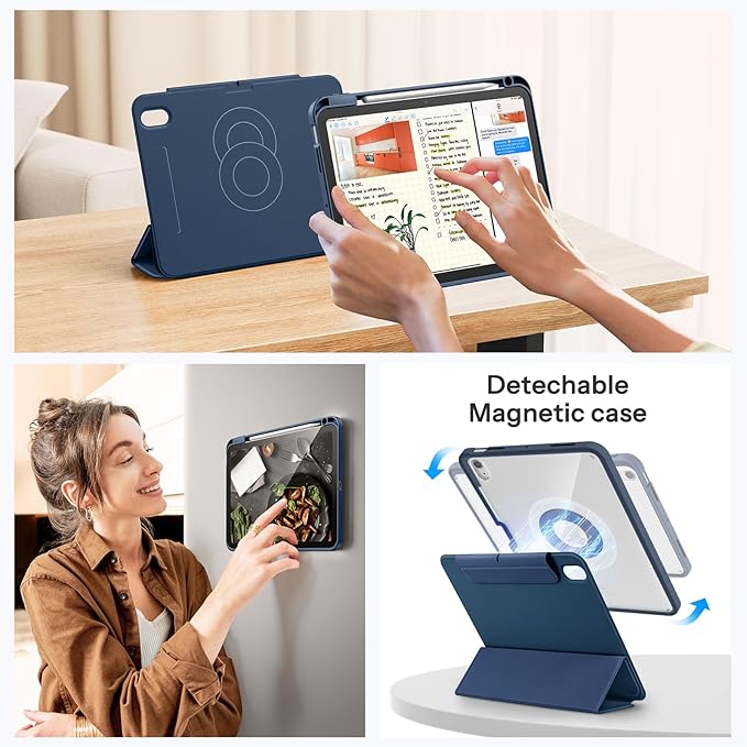 SPARIN Case for iPad A16 11th/10th Generation 2025/2022 (11"/10.9") with Pencil Holder, Magnetic Detachable Hybrid Stand, Portrait/Landscape Angle, Clear Protective Case, Auto Wake/Sleep-Navy Blue