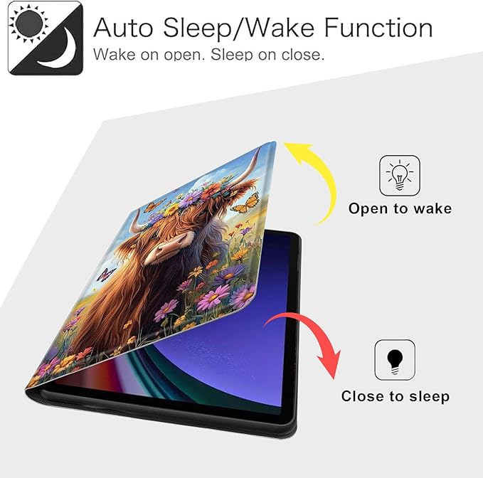Case for Samsung Galaxy Tab S10 FE/ S9 FE 5G 10.9 Inch/Tab S9 11 Inch, Slim PU Leather Stand Cover with Auto Wake/Sleep, Multi-Angle Viewing & Shockproof, Cute Highland Cow
