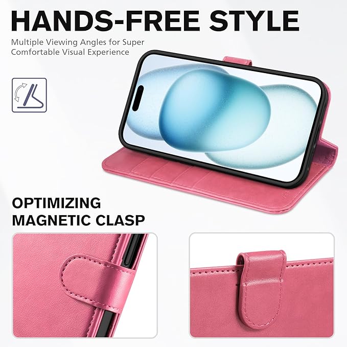 TUCCH Case Wallet for iPhone 15 6.1", Kickstand PU Leather Magnetic Protective Flip Cover with [RFID Blocking] [4 Card Slots] [TPU Interior Case] Compatible with iPhone 15 5G 6.1" 2023, Hot Pink