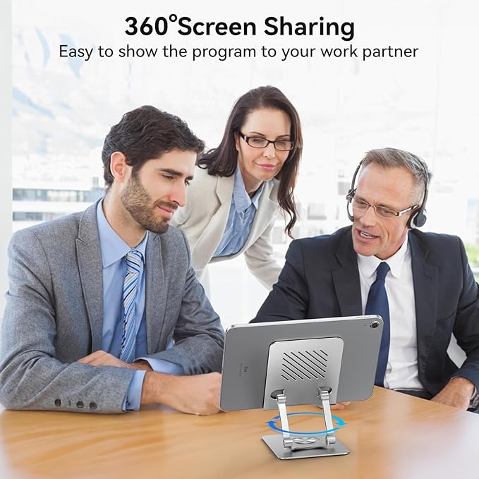 JUANWE Tablet Stand Holder with 360° Rotating Base, Adjustable Foldable iPad Stand, Aluminium Tablet Holder for Desk, Compatible with iPad Pro/Air//Mini, Switch, iPhone15 and More (4-13 inch)