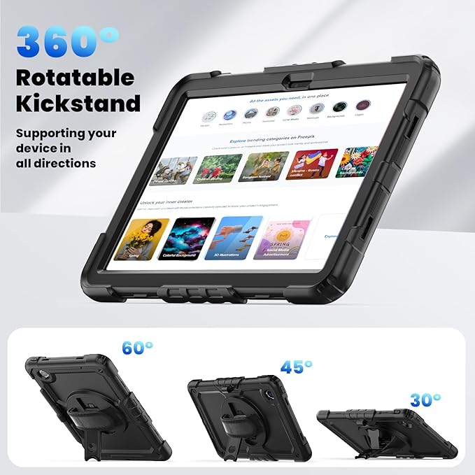 Case for Lenovo Tab K11 11'' 2024 / M11 TB330FU /Lenovo Xiaoxin Pad 2024 TB331FC, with Screen Protector, Hand Strap, Shoulder Strap, Rotating Stand Black