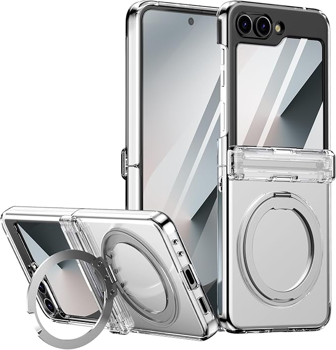 Magnetic Case for Samsung Galaxy Z Flip 6 Compatible with Magsafe, Built-in Kickstand & TPU Hinge Protection Flip 6 Case, Matte PC Cover Ultra Shockproof Phone Case for Z Flip6 (Clear)