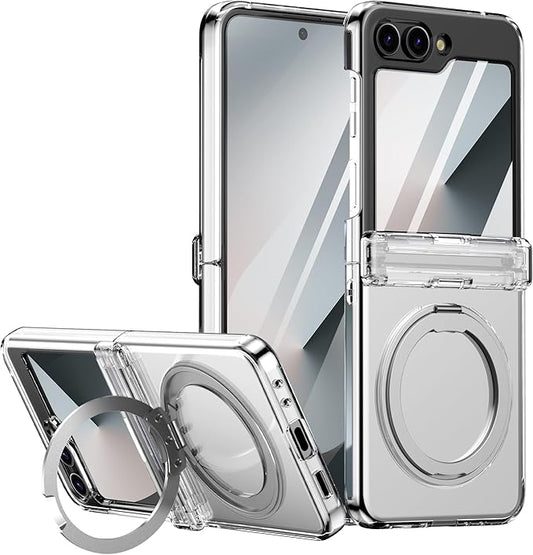 Magnetic Case for Samsung Galaxy Z Flip 6 Compatible with Magsafe, Built-in Kickstand & TPU Hinge Protection Flip 6 Case, Matte PC Cover Ultra Shockproof Phone Case for Z Flip6 (Clear)