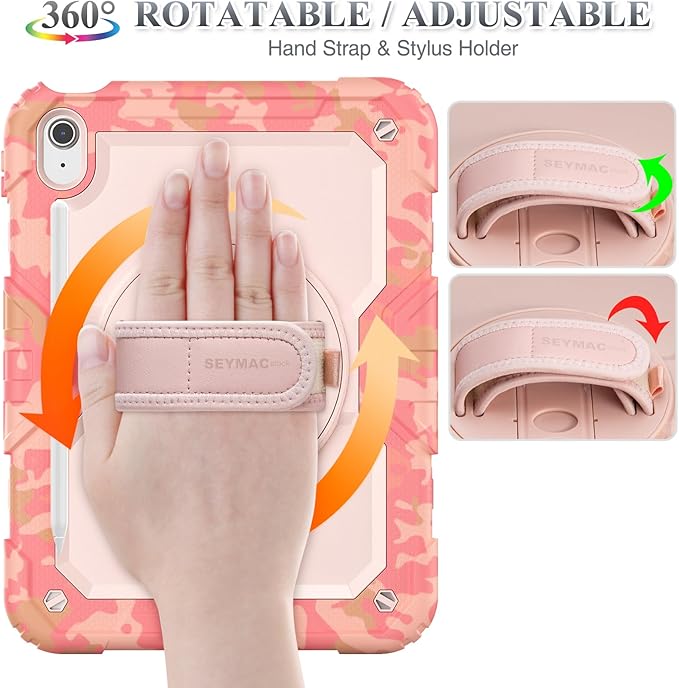 SEYMAC stock Case for iPad (A16) 11th/10th Generation 11''/10.9'' 2025/2022, Full-Body Drop Protection Case with Screen Protector &360° Rotate Hand Strap/Stand, Camo Pink