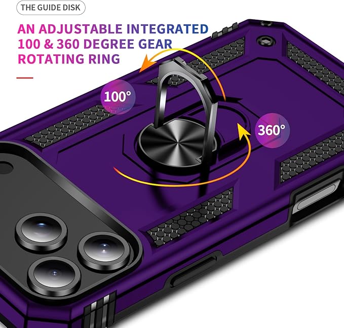 ADDIT Compatible with iPhone 17 Pro Max Case with Tempered Glass Screen Protector, Adjustable Kickstand Ring, Military-Grade Heavy Duty Protection, Shockproof, Anti-Fingerprint,Purple