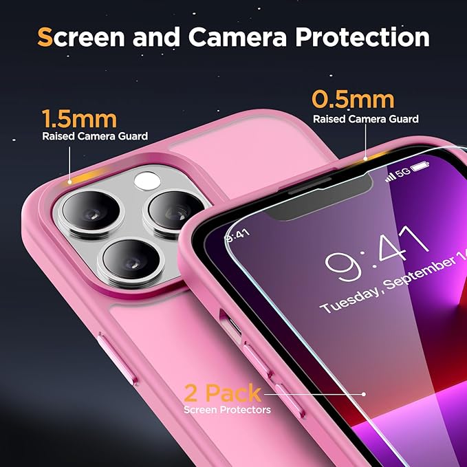Miracase Magnetic for iPhone 13 Pro Max Case 6.7 inch (Compatible with MagSafe)（with 2X Screen Protectors） Military-Grade Protection, Anti-Fingerprint Translucent Matte Phone Case Cover, Mes Pink