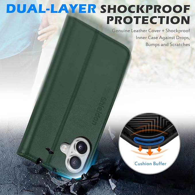 SHIELDON Case for iPhone 16 5G 2024, Genuine Leather Wallet Flip RFID Blocking Card Slot Kickstand Magnetic Shockproof TPU Phone Holder Case Compatible with iPhone 16 6.1" - Nappa Evergreen