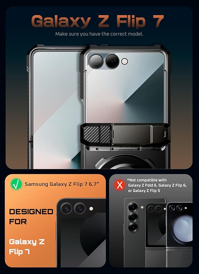 SUPCASE for Samsung Galaxy Z Flip 7 Case with Stand & Front Screen Protector (Unicorn Beetle Grip), [Support MagSafe] [Hinge Protection] Full Body Military-Grade Translucent Back Phone Cover, Black