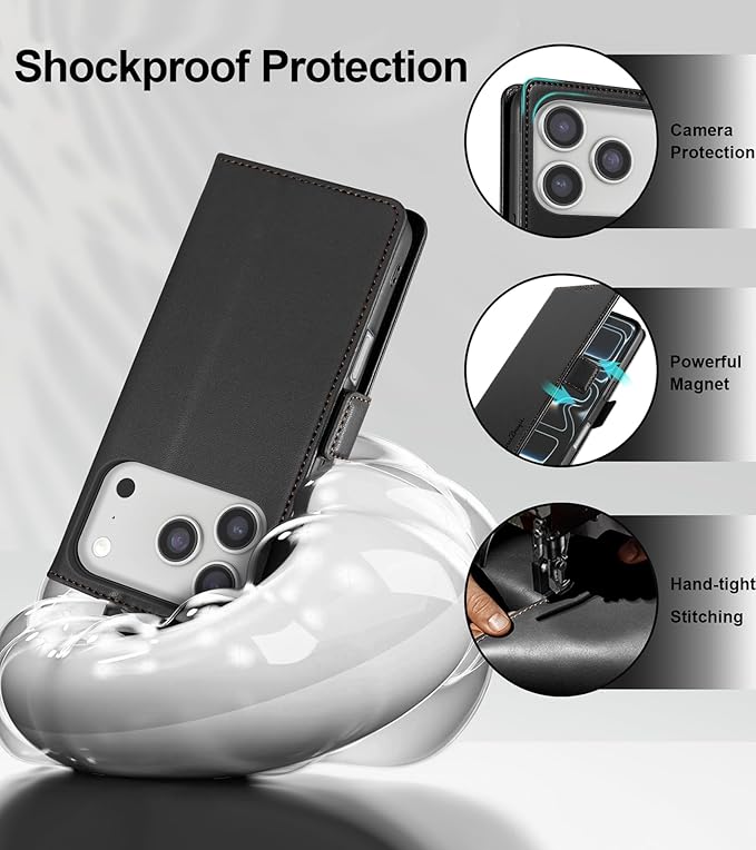 Wallet Flip Case for iPhone 17 Pro 5G - [RFID Blocking] Luxury PU Leather Card Holder Magnetic Phone Cover with Kickstand,Shockproof Protective Case,Black