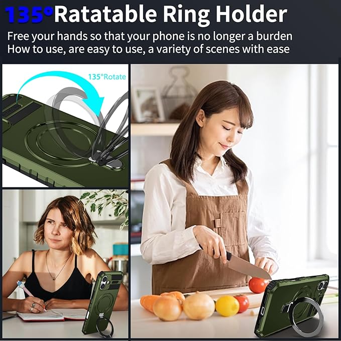 for iPhone 16 Case Magnetic Compatible with MagSafe Wireless Charging,with 2 Screen Protectors,Built-in Kickstand Ring,Shockproof Shock-Absorbent Scratch Resistant Heavy Duty Protection Green