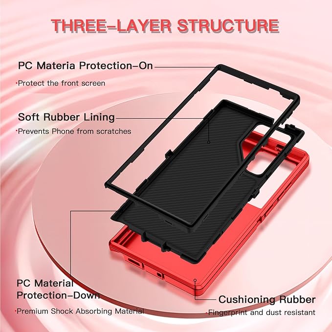 for Samsung Galaxy S24 Ultra Case Heavy Duty Protective Shockproof Dropproof 3-Layer Full Body Protection [Without Screen Protector] Tough Rugged Case for Galaxy S24 Ultra,Red/Black