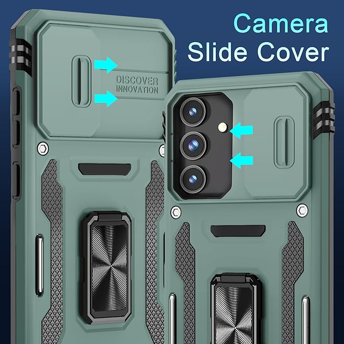 DEERLAMN Case for Samsung Galaxy S25 FE 6.7-Inch with Slide Camera Cover+Screen Protector(1 Pack), Rotated Ring Kickstand Military Grade Shockproof Protective Cover-Green